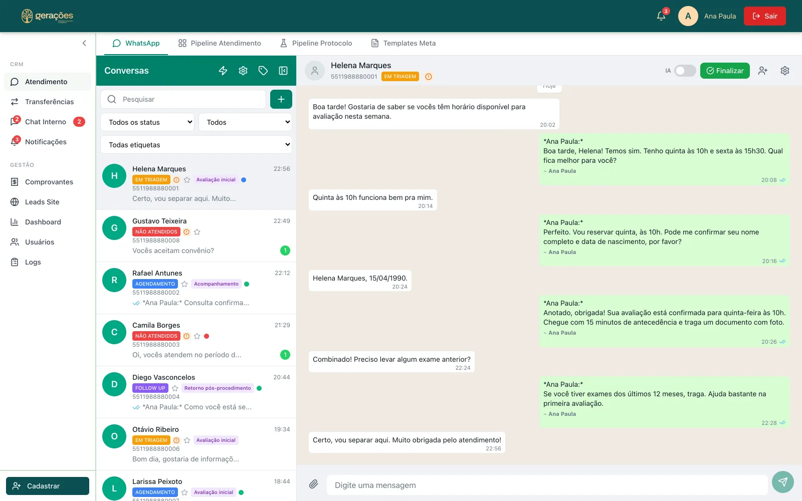 Gerações CRM - WhatsApp Patient Care screen 2