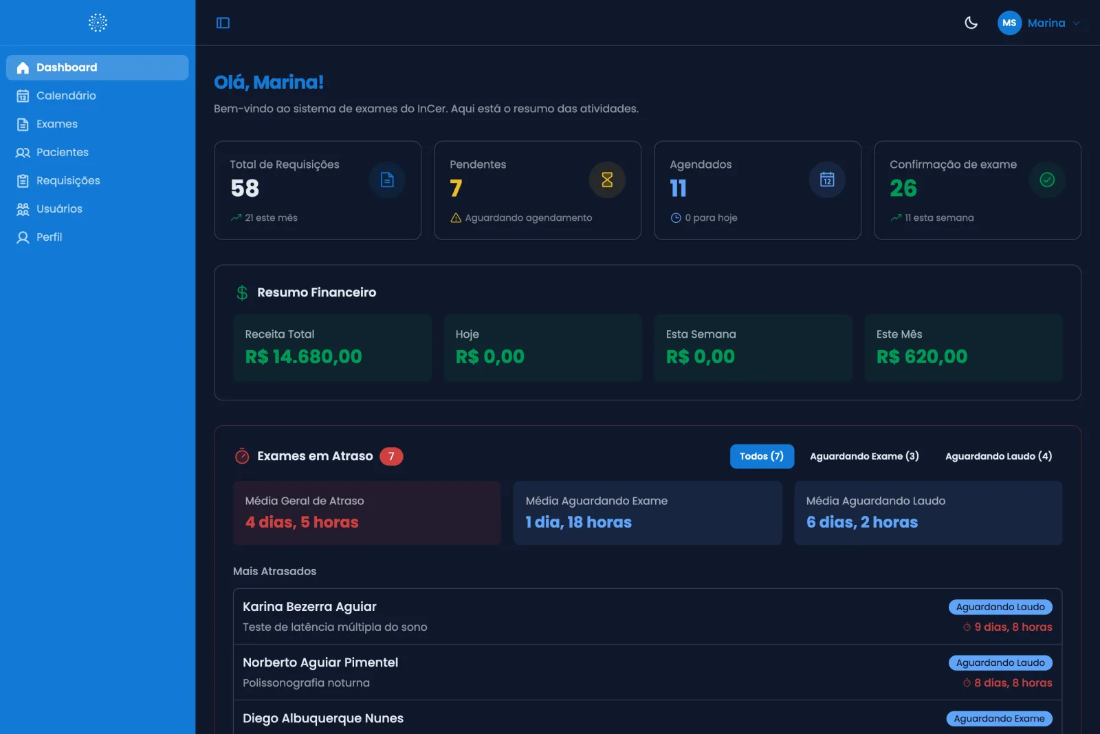 InCer - Exam Management screen 1